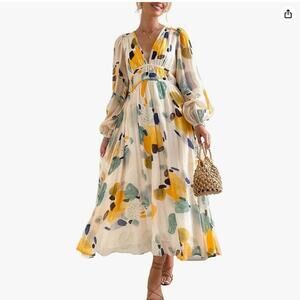 NWT Sissyaki Women's Long Sleeve Boho Watercolor Maxi Dress Size L